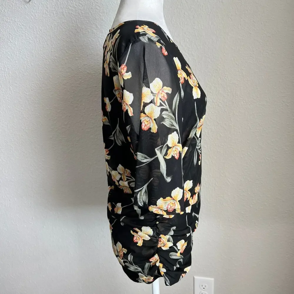 White House Black Market Black Floral Ruched Side Top Women's L Sheer Mesh Layer - Picture 6 of 8